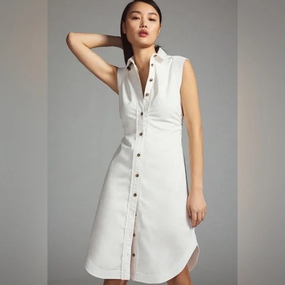 Anthropologie Dresses & Skirts - NWT Anthropologie Pilcro White Denim Button Up Sleeveless Dress Size 4 Ruched